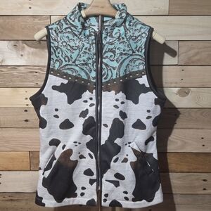 ​Western Cow Print Vest Women's Medium Green Tooled Leather Pattern Full Zip